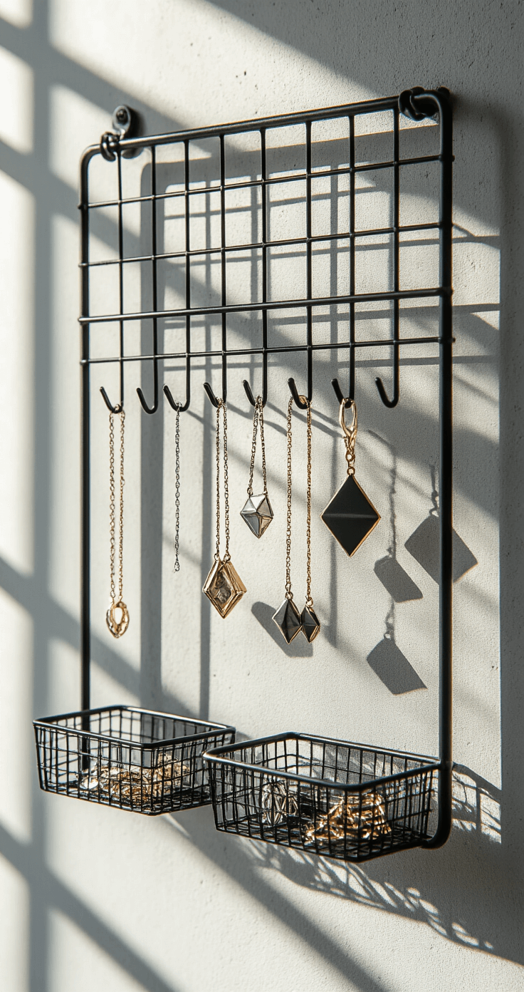 A matte black industrial-style jewelry organizer mounted on a concrete wall, featuring various hooks for geometric jewelry pieces and wire mesh baskets for rings, illuminated by early morning light casting sharp shadows in a minimalist arrangement.