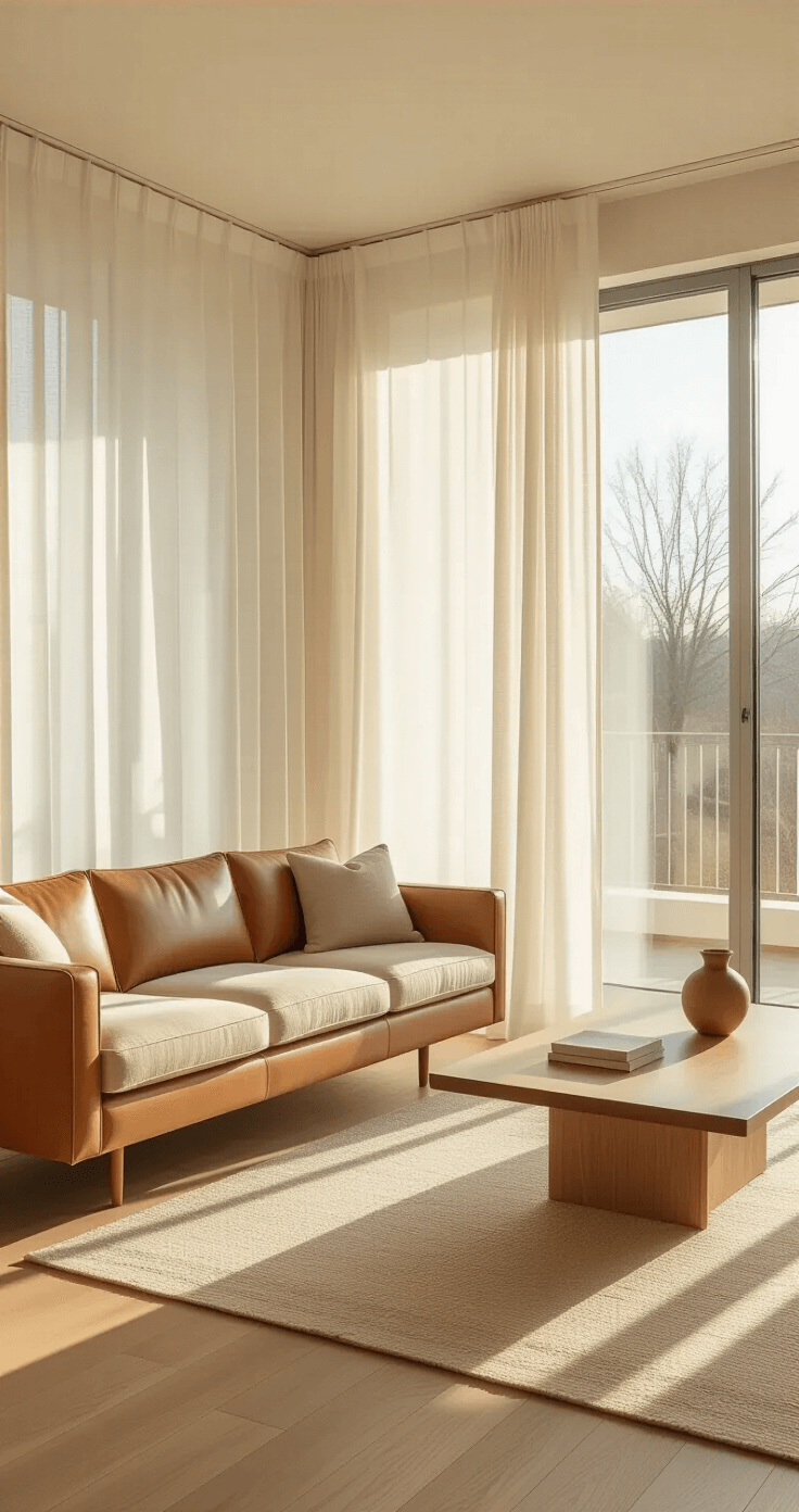 Room Lighting Photography: Your Complete Guide to Capturing Stunning Indoor Shots A sunlit minimalist living room featuring a mid-century modern leather sofa at a 45-degree angle to a large east-facing window, hardwood floors in warm oak, and a light wooden coffee table with a ceramic vase, all bathed in soft golden light.