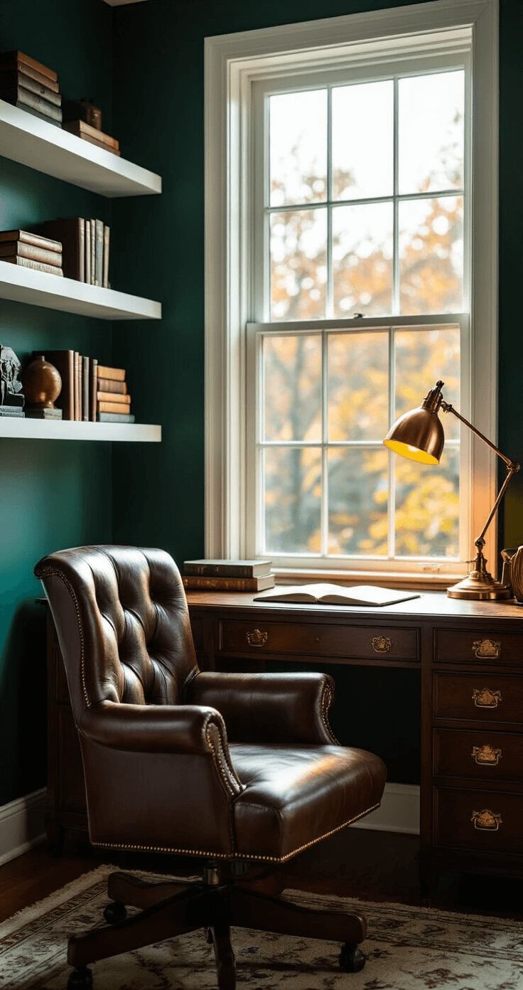 Room Lighting Photography: Your Complete Guide to Capturing Stunning Indoor Shots Moody home office corner at 4pm featuring a vintage leather armchair illuminated by a west-facing window, warm LED lighting, dark walnut desk with brass accents, scattered books, and a copper desk lamp against a deep emerald green wall with white floating shelves, creating intricate shadows and a soft focus bokeh effect around the window edges.