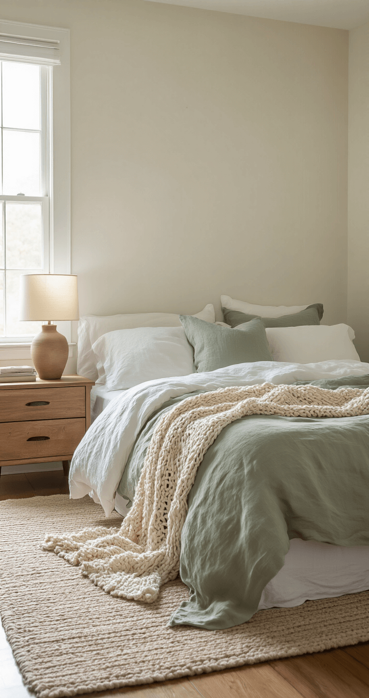 Room Lighting Photography: Your Complete Guide to Capturing Stunning Indoor Shots Intimate bedroom scene with a king bed dressed in rumpled white and sage green linen, bathed in soft morning light from an east-facing window. A hand-knitted throw adds texture, and a wooden nightstand with a ceramic lamp casts warm light. A muted taupe wool rug complements the hardwood floor, creating a tranquil atmosphere.