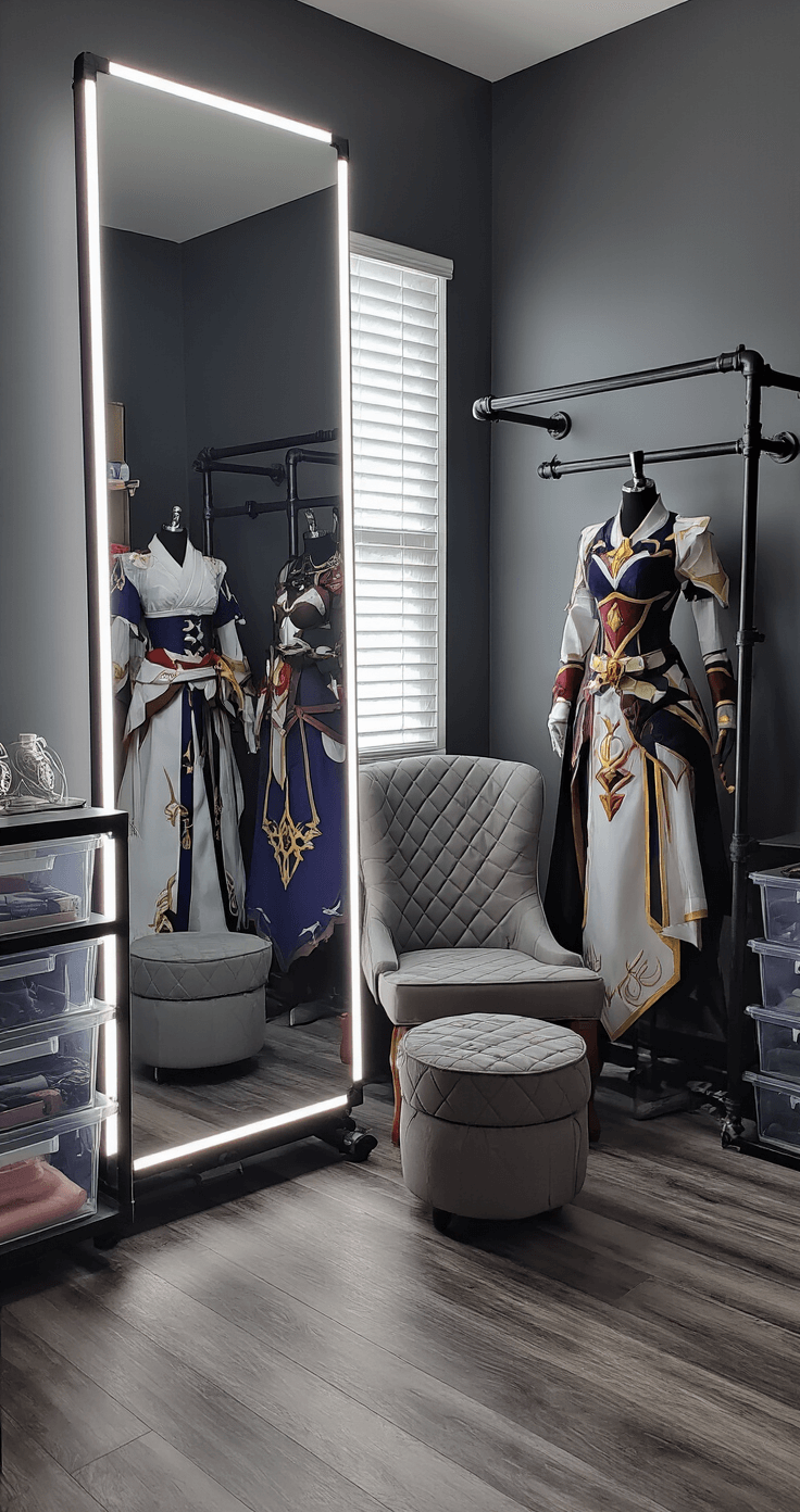 A stylish cosplay lounge with gray walls and dark wood flooring, featuring a full-length LED mirror, adjustable dress forms displaying Genshin Impact and Elden Ring costumes, and industrial garment racks. The space is illuminated by soft ambient smart LED lights and accent puck lights, with an elegant quilted accent chair and ottoman in the foreground, alongside clear acrylic wig storage and labeled craft supply bins, as natural morning light filters in.