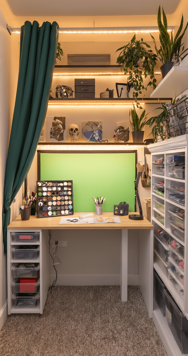 An organized cosplay crafting corner features a fold-down wall-mounted desk, integrated storage, and a ceiling track backdrop system with various fabric options, including a green screen. The overhead view shows warm amber LED strip lights illuminating the space, with snake plants adding a touch of nature. Acrylic makeup organizers and labeled craft supply bins are neatly arranged, and cable management channels maintain a tidy appearance. Soft focus on crafting tools and costume project sketches adds to the creative atmosphere.