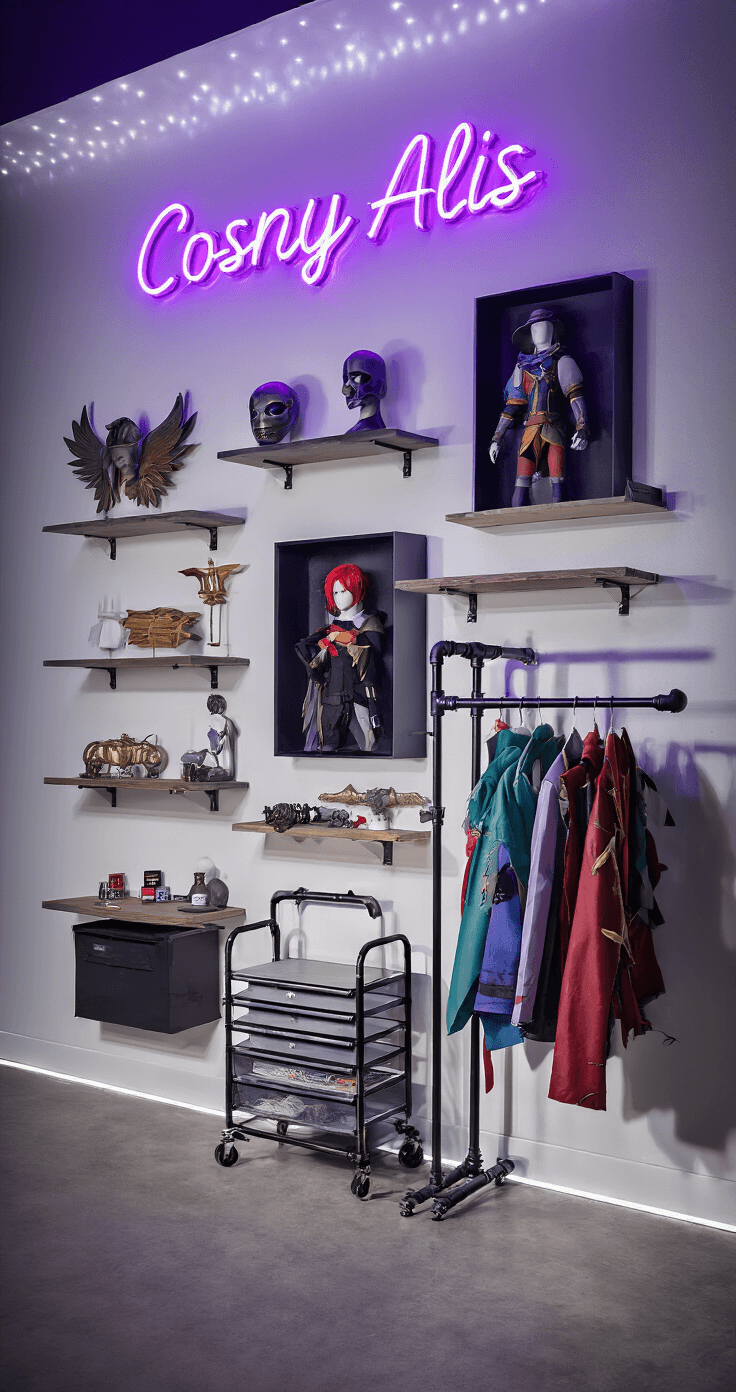 Dynamic cosplay display zone featuring wall-mounted floating shelves, neon accent sign, shadow boxes, industrial garment racks, rolling craft supply cart, and smart LED strip lights, emphasizing organized creativity with dramatic lighting and textures.