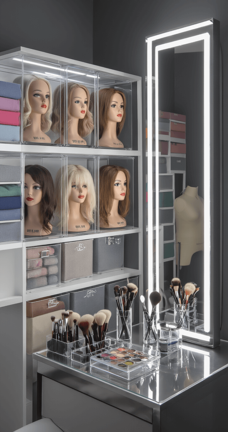 A meticulously organized wig display on a three-tier shelf, featuring labeled wig heads under clear acrylic covers, beside a full-length LED mirror; soft diffused lighting enhances the studio atmosphere, with color-coded fabric storage bins and an adjustable dress form in the background, and a sleek vanity with acrylic makeup organizers and decorative brush holder in the foreground, all set against sophisticated charcoal gray walls.