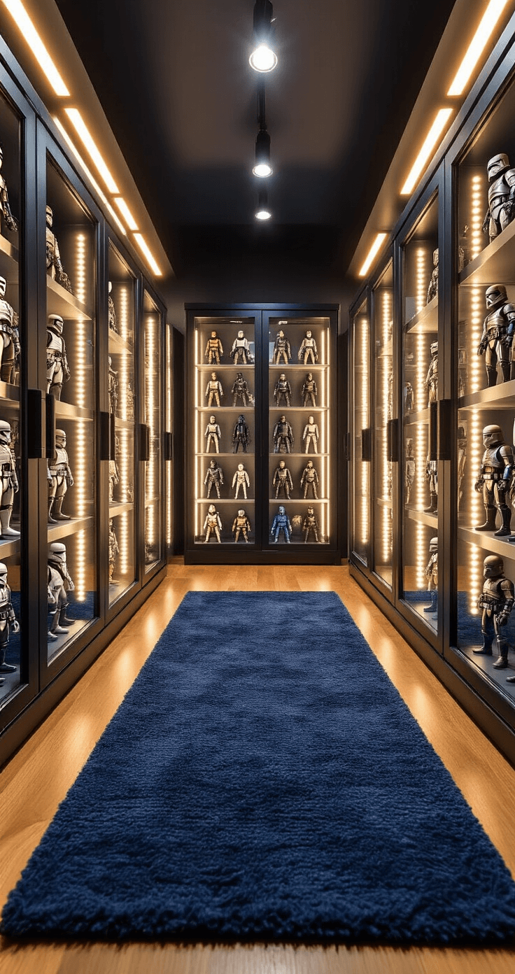 Using Rugs to Define Spaces in Your Fandom-Themed Rooms Ultra-detailed interior shot of a Star Wars collector's room featuring a navy blue rug in front of illuminated IKEA Detolf display cases filled with action figures, enhanced by soft overhead lighting and dramatic shadows, showcasing the intricate arrangement and details of the figurines.