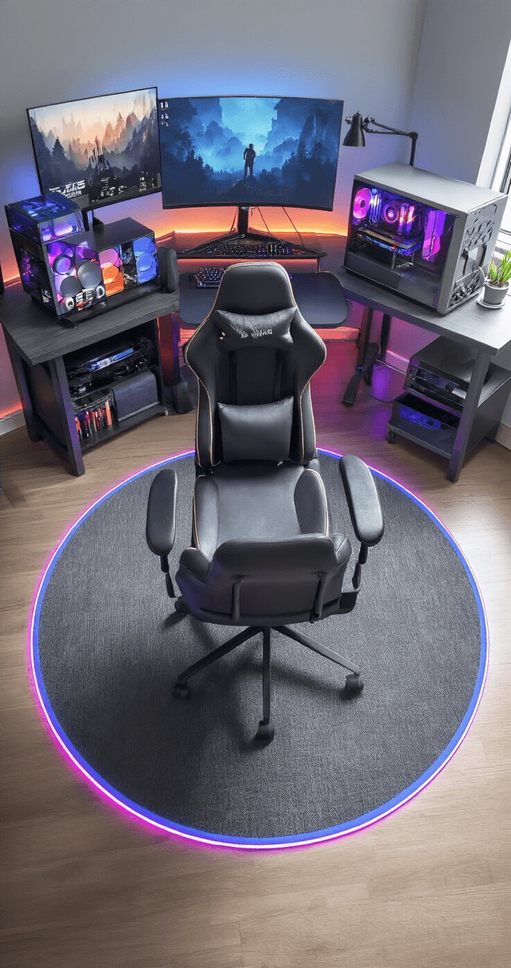 Using Rugs to Define Spaces in Your Fandom-Themed Rooms Expansive gaming corner showcasing a round charcoal grey chair mat with geometric texture, multiple gaming consoles arranged symmetrically, and RGB LED strip lighting along the rug edges, all under soft diffused lighting for a clean modern aesthetic.