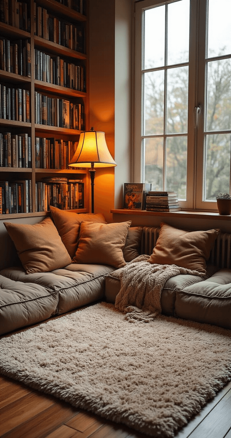 Using Rugs to Define Spaces in Your Fandom-Themed Rooms Intimate comic book reading nook featuring a plush memory foam rug in muted earth tones, artfully arranged floor cushions, and bookshelves filled with graphic novels. Warm amber light from a reading lamp casts a cozy glow, while soft natural light filters through a window, creating a serene scholarly atmosphere.