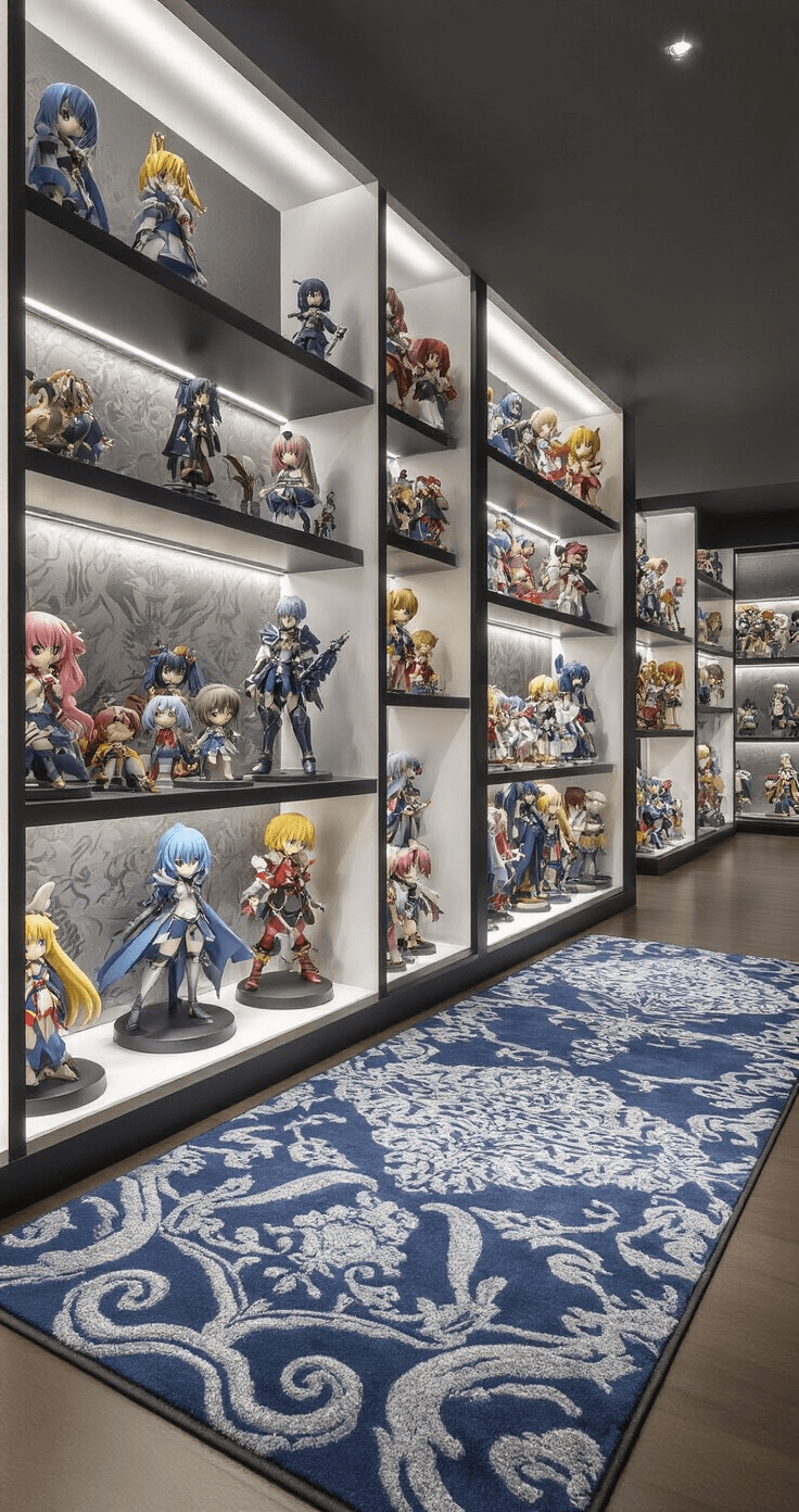 Using Rugs to Define Spaces in Your Fandom-Themed Rooms A low perspective view of an anime collector's display area, featuring a Japanese-inspired patterned rug in muted indigo and silver tones, showcasing colorful figurines on neatly arranged shelves, with soft overhead lighting enhancing their intricate details and creating dramatic shadows for depth.