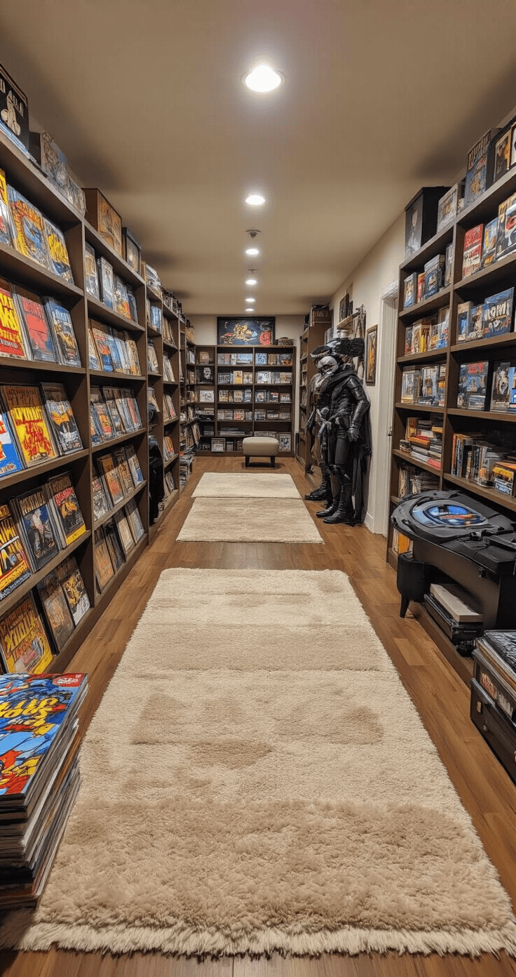 Using Rugs to Define Spaces in Your Fandom-Themed Rooms A spacious, multi-fandom collection room with strategically layered neutral-toned rugs defining distinct zones for comic books, sci-fi memorabilia, and gaming equipment, illuminated by soft diffused lighting, showcasing careful color coordination and organized displays.