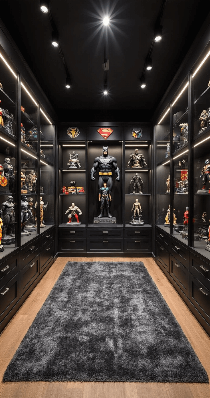 Using Rugs to Define Spaces in Your Fandom-Themed Rooms A dramatic superhero memorabilia room featuring a dark grey textured rug and massive display shelves, highlighted by theatrical spotlighting that casts shadows over intricate collectible statues, with precise architectural lighting accentuating each display, organized in a museum-like presentation.