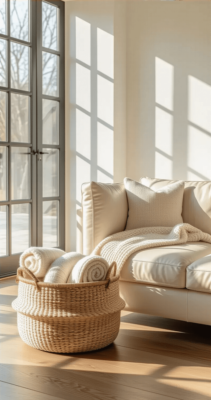 Decorative Storage Bins for Props: The Ultimate Guide to Storage That Actually Looks Good A bright living room with mid-century modern furniture, showcasing a large handwoven rattan basket filled with cream and tan wool blankets, positioned near a cream leather sectional under natural light from floor-to-ceiling windows, highlighting the hardwood floors and minimalistic decor.