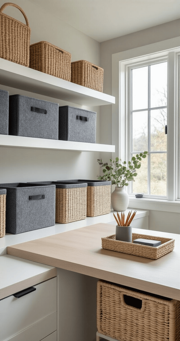 Decorative Storage Bins for Props: The Ultimate Guide to Storage That Actually Looks Good A modern home office with layered storage solutions, featuring charcoal gray felt bins and natural rattan containers on white floating shelves. The desk showcases a small woven container of artisan pencils and minimalist accessories, illuminated by soft natural light from large windows. The composition emphasizes vertical storage with baskets of varied heights against a muted color palette of grays, whites, and natural tones, highlighting the intentional design and organization.