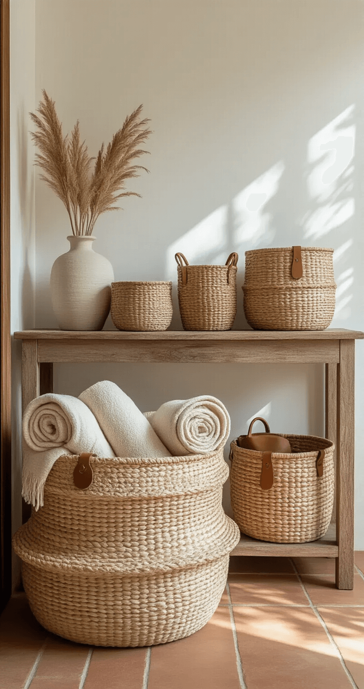 Decorative Storage Bins for Props: The Ultimate Guide to Storage That Actually Looks Good Bohemian-inspired entryway featuring layered storage baskets in various sizes and textures, including a large water hyacinth floor basket and smaller woven containers on a rustic wooden console, all set against terracotta floor tiles and white plaster walls, illuminated by soft morning light.