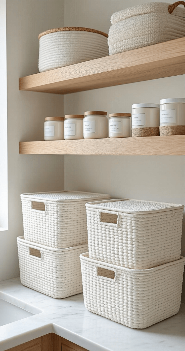 Decorative Storage Bins for Props: The Ultimate Guide to Storage That Actually Looks Good Minimalist bathroom with white and natural fiber lidded storage baskets, floating wooden shelves displaying coordinated small containers, a marble countertop organized with storage solutions, and soft natural light from a frosted window, featuring metallic accents on basket handles for added sophistication.