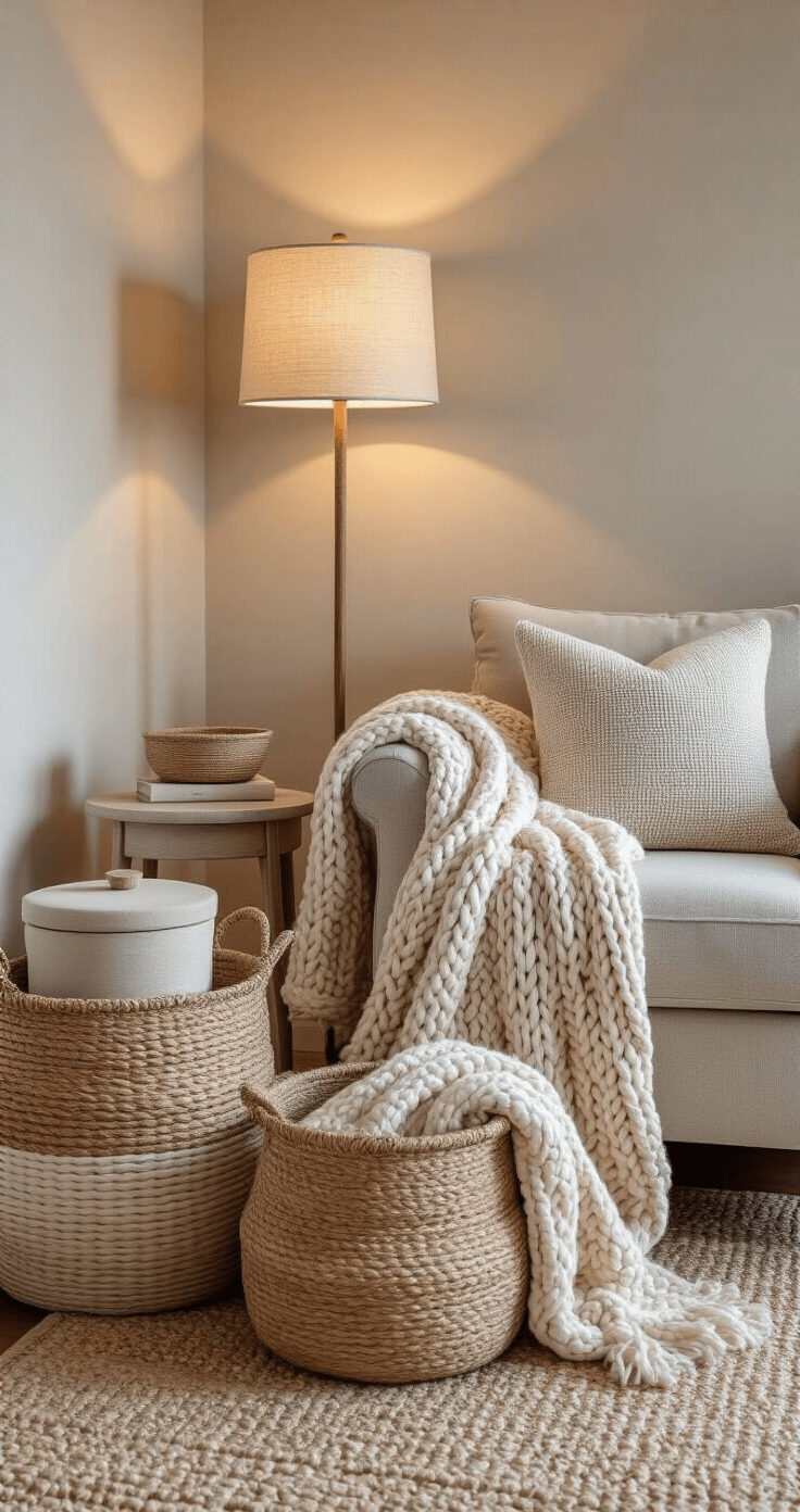 Decorative Storage Bins for Props: The Ultimate Guide to Storage That Actually Looks Good Cozy reading nook with plush armchair, large neutral-toned floor baskets, chunky knit throw, vintage floor lamp, sisal rug, and textured walls, creating an intimate and warm atmosphere.