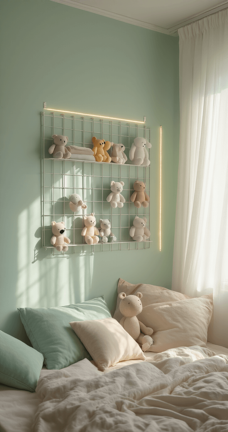DIY Wall Shelves for Plushies: Transform Your Collection Into Stunning Wall Art Ultra-detailed photorealistic image of a modern bedroom wall showcasing a meticulously arranged metal grid plushie display, illuminated by soft morning light through sheer white curtains, featuring pastel mint walls and subtle LED strip lighting, captured from a 45-degree overhead angle for depth.