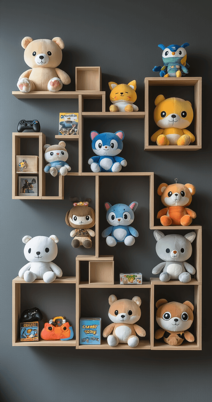 DIY Wall Shelves for Plushies: Transform Your Collection Into Stunning Wall Art A cinematographic interior scene featuring an asymmetrically arranged cube shelving unit on a rich charcoal gray wall, displaying video game and anime character plushies with intentional color blocking, soft tungsten lighting casting dimensional shadows, and S-hooks with collectible accessories hanging between plushies, all captured in sharp focus with reflective LED ambient lighting.