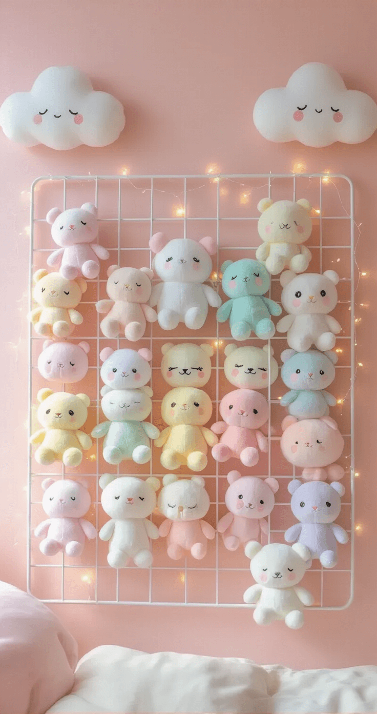 DIY Wall Shelves for Plushies: Transform Your Collection Into Stunning Wall Art A close-up view of a kawaii-inspired plushie wall display featuring pastel-colored plushies arranged in a rainbow gradient on a white metal grid panel, surrounded by cloud-shaped decorative elements and fairy lights, set against soft blush pink walls, illuminated by morning sunlight for an ethereal glow.
