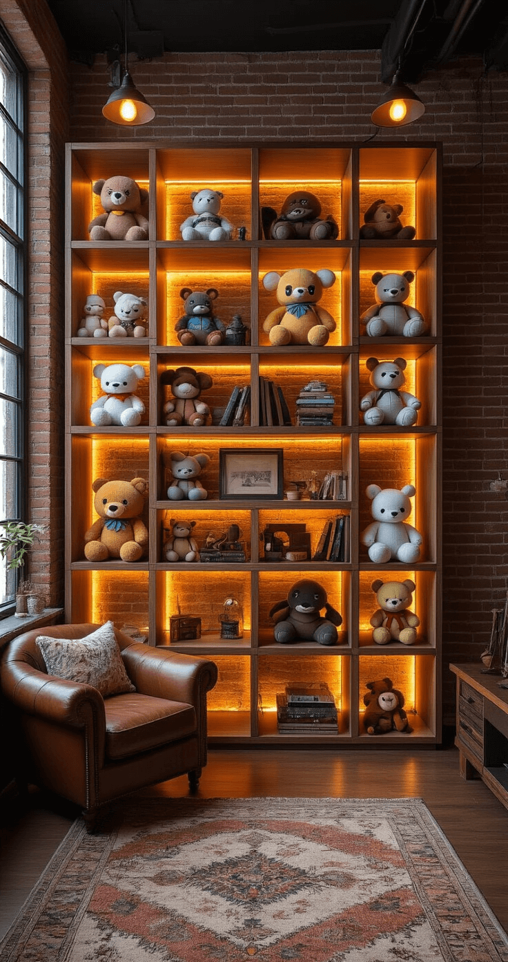 DIY Wall Shelves for Plushies: Transform Your Collection Into Stunning Wall Art Eclectic bohemian plushie wall display on mismatched cube shelving units against an exposed brick background, featuring various plushies from multiple franchises. A vintage leather armchair sits beneath the display, illuminated by warm amber LED backlighting and dramatic side-lighting that enhances textures and shadows. The photo captures the room's personality with a casually curated arrangement.