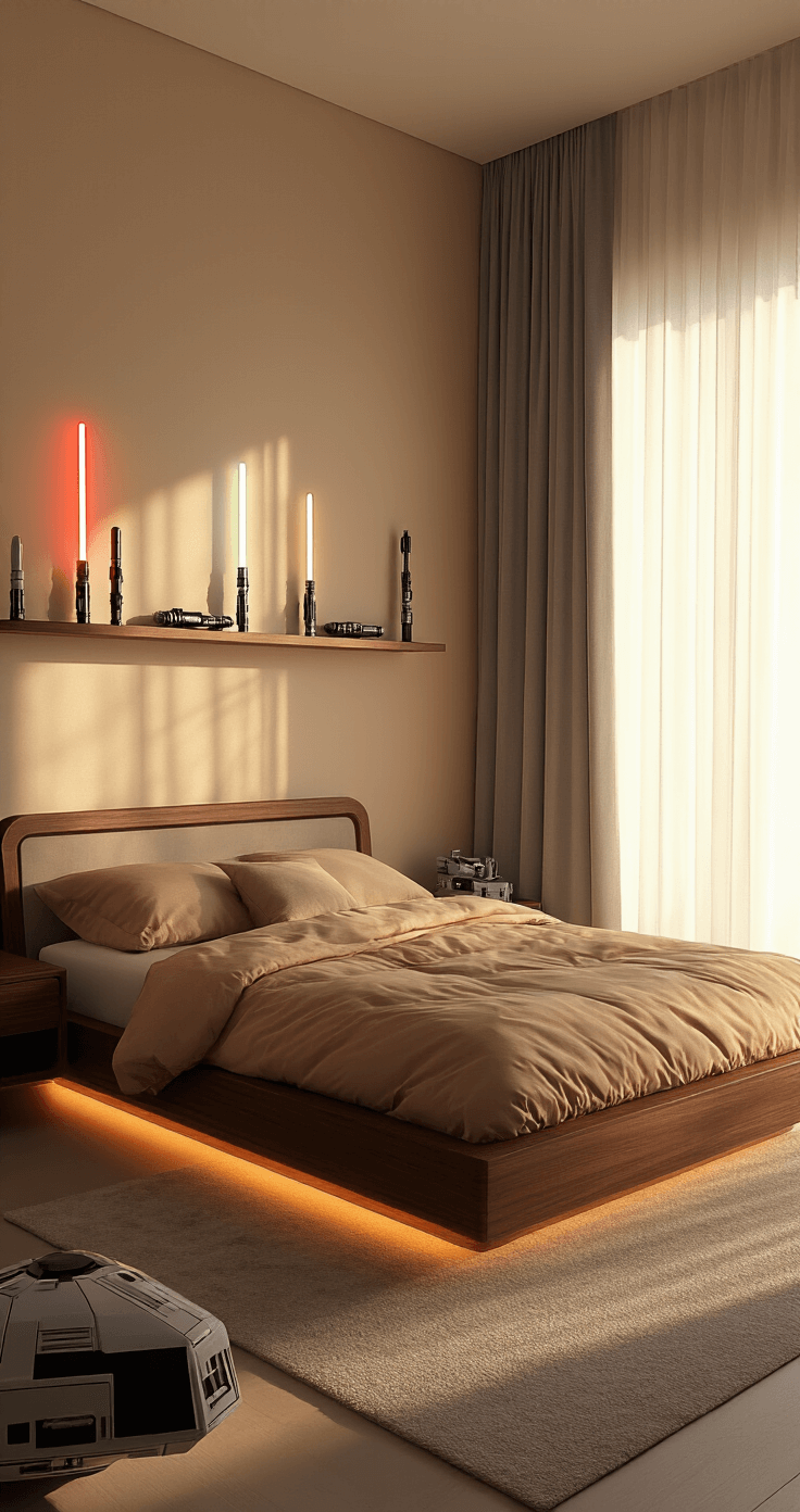 Fandom-Themed Bedding Ideas: Transform Your Bedroom Into a Geek Paradise A minimalist Star Wars-inspired bedroom with soft beige walls, a walnut mid-century modern bed frame, a Tatooine sunset-colored duvet, collectible lightsaber displays on floating shelves, and warm tungsten lighting. The image captures the entire room from a corner perspective with soft morning light filtering through sheer gray curtains in crisp 8K resolution.