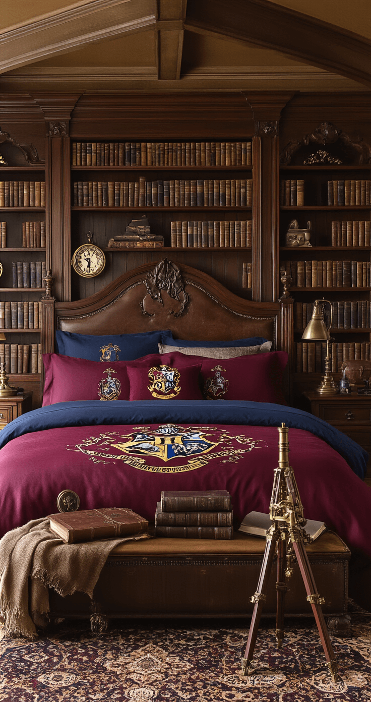 Fandom-Themed Bedding Ideas: Transform Your Bedroom Into a Geek Paradise A sophisticated Harry Potter-themed bedroom featuring burgundy and navy bedding with heraldic embroidery, antique leather-bound books on mahogany shelves, a vintage brass telescope, magical artifacts, a Persian wool rug in earth tones, and an ornate bronze reading lamp, all captured in soft natural light from a cinematographic overhead view highlighting intricate details.