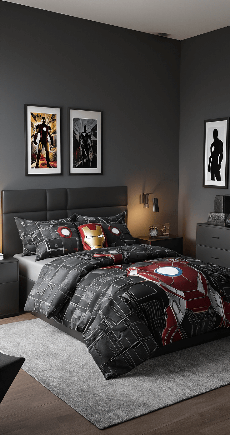 Fandom-Themed Bedding Ideas: Transform Your Bedroom Into a Geek Paradise A contemporary bedroom inspired by Marvel superheroes, featuring charcoal gray walls, Iron Man suit metallic accents, a black and silver geometric comforter with comic book panel textures, minimalist framed character silhouettes, gunmetal angular furniture, and dramatic side-lighting creating high-contrast shadows, captured in a low-angle architectural photography perspective with hyper-detailed textures.