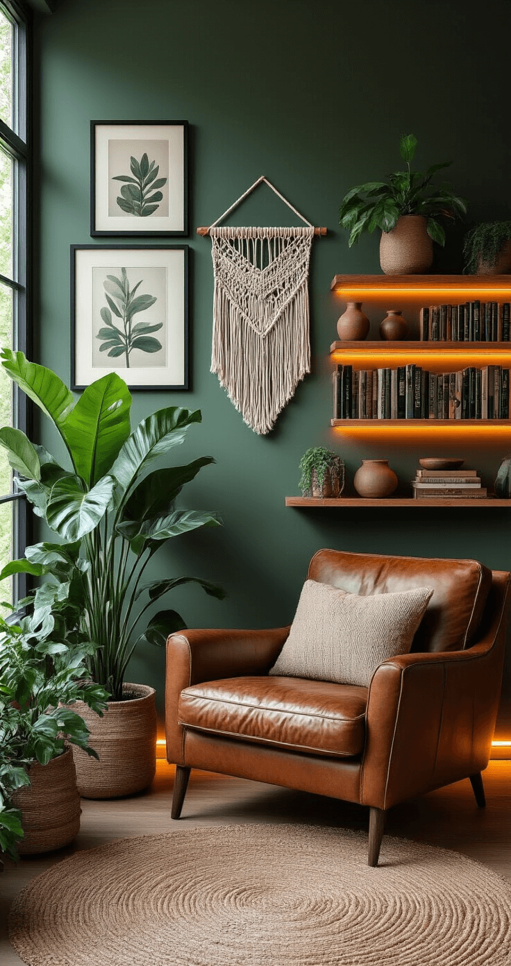 Modern bohemian living room corner featuring a gallery wall with mixed black and wood frames, a vintage leather armchair, a large monstera plant in a ceramic planter, a woven macramé wall hanging, floating wooden shelves with curated books and ceramics, warm LED strip lighting, and natural light from large windows, against a rich forest green accent wall.