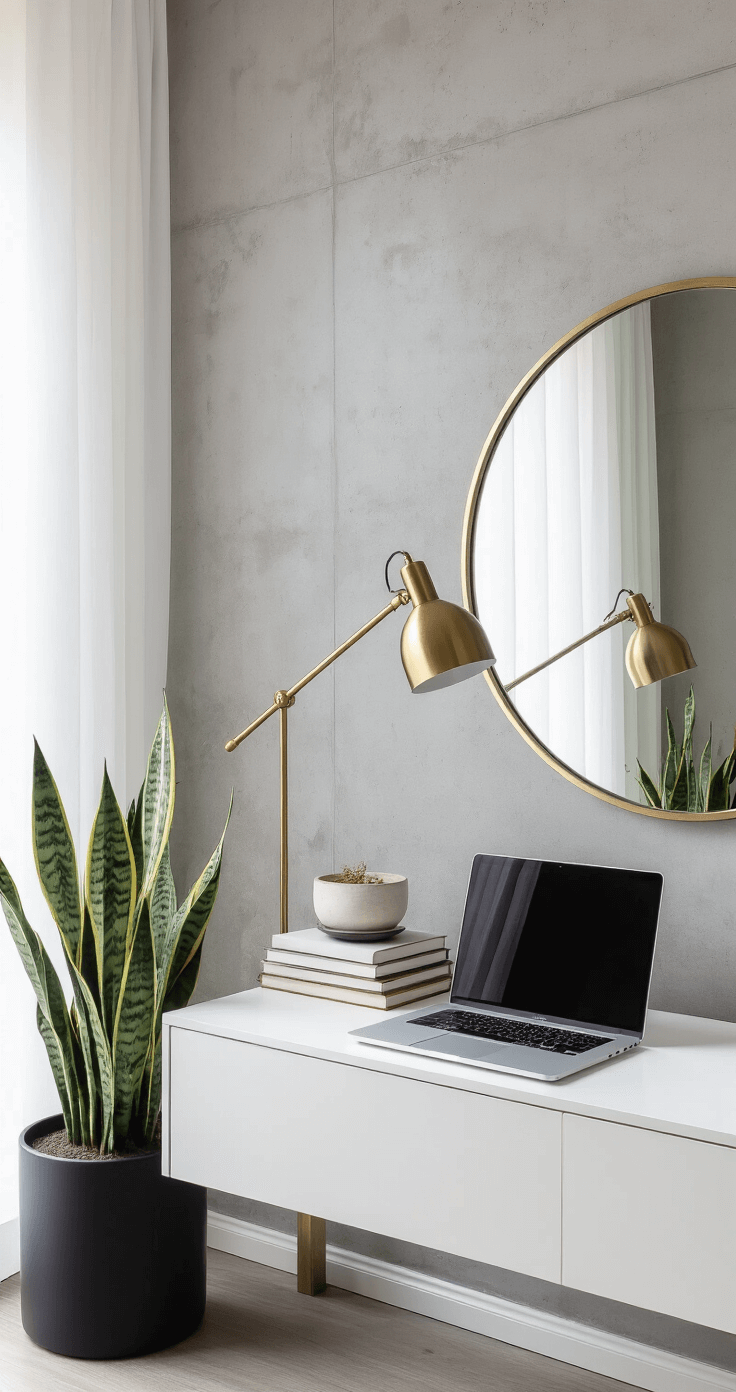Minimalist home office featuring a floating white desk, sleek brass task lamp, an architectural snake plant in a matte black planter, stacked art books, a vintage ceramic dish, and a MacBook at an angle, with large windows adorned with sheer white curtains, a large circular mirror, and a concrete grey wall, all showcasing clean lines and intentional decor placement.