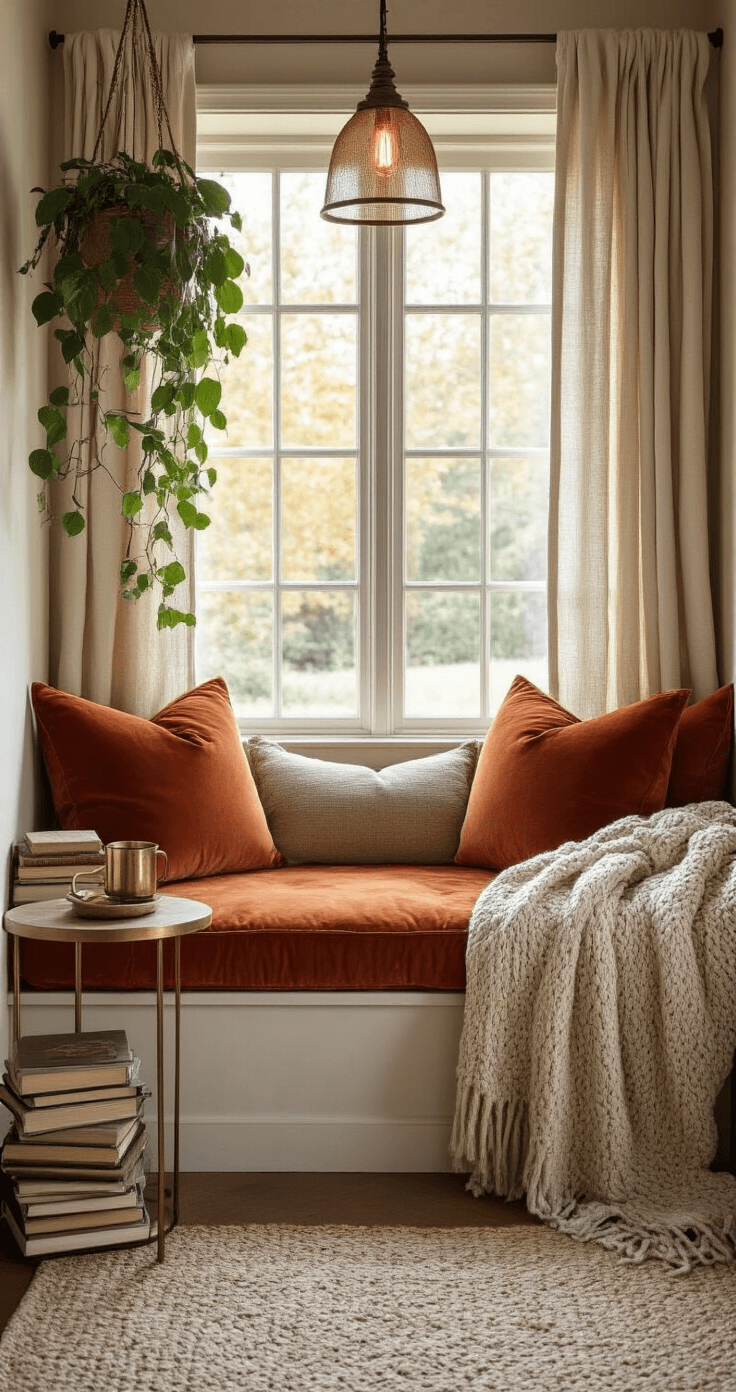 Cozy reading nook featuring a built-in window seat with rich terracotta velvet cushions, layered throw blankets in linen and chunky knit, a small brass-accented side table, a warm-hued hanging pendant light, a pothos plant in a ceramic hanging planter, stacked vintage books, and soft morning light filtering through linen curtains.