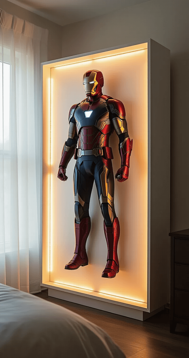 DIY Light Boxes for Cosplay Rooms: Transform Your Space Into a Pro Display A stylish corner of a modern minimalist bedroom showcasing a backlit Marvel superhero costume in a light box, accented by warm LED strips and natural morning light filtering through sheer curtains, set against matte black walls.