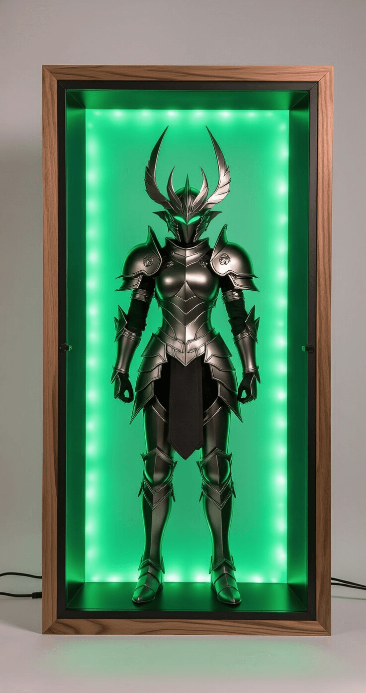 DIY Light Boxes for Cosplay Rooms: Transform Your Space Into a Pro Display An immersive cosplay display light box showcasing an intricately detailed anime character prop with metallic armor, framed in custom wood with mitered edges, featuring deep emerald green LED backlighting that illuminates a translucent acrylic panel, enhanced by reflective aluminum tape for a soft glow and subtle ambient overhead lighting.