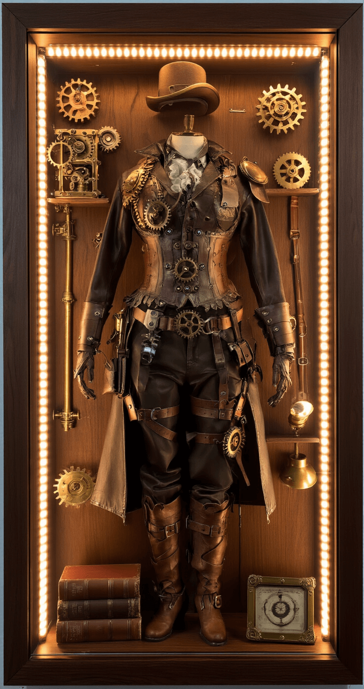 DIY Light Boxes for Cosplay Rooms: Transform Your Space Into a Pro Display A sophisticated light box displays a steampunk-inspired costume ensemble featuring brass mechanical components and leather accessories, illuminated by copper-toned LED strips within a walnut wood frame, with translucent frosted acrylic for soft lighting, accompanied by vintage books and antique brass objects.
