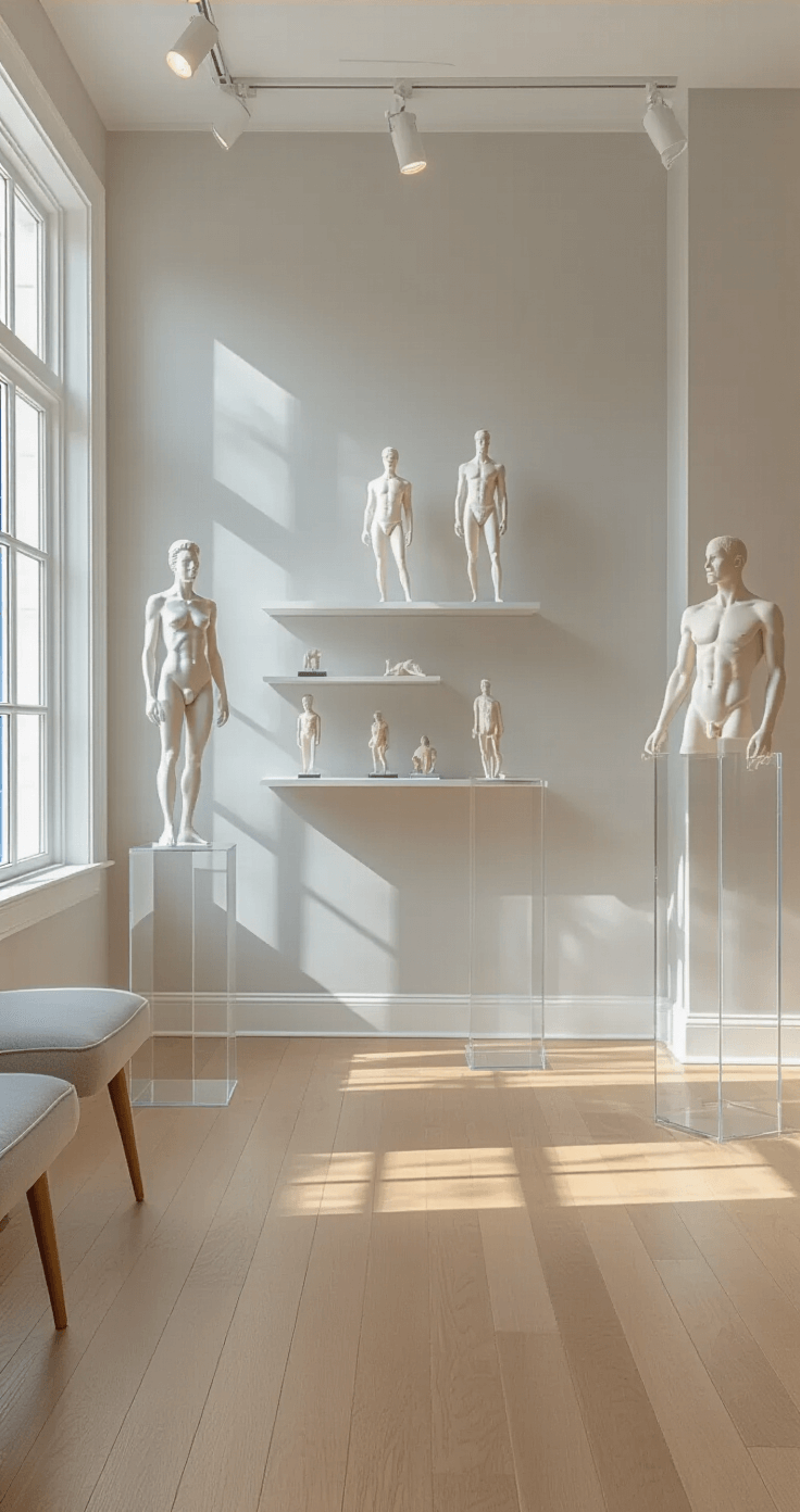 An elegant display room featuring light gray walls and natural oak hardwood floors, showcasing custom acrylic stands with figures of varying heights under professional gallery lighting, surrounded by minimalist furniture, creating a sophisticated museum-quality atmosphere.