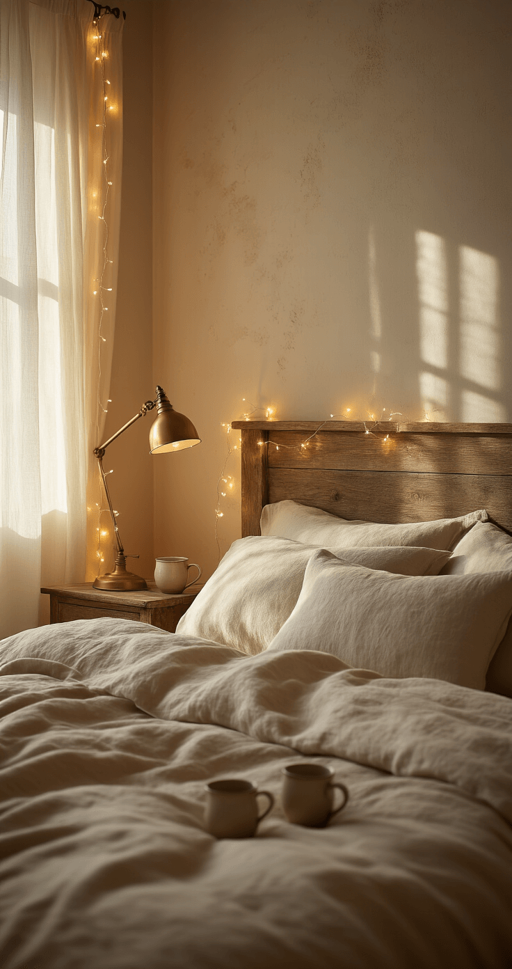 Ultra-detailed cinematographic bedroom interior featuring warm white LED fairy lights on a rustic wooden headboard, soft morning light through sheer ivory curtains, vintage brass lamp, Belgian linen duvet, and artisan ceramic mugs, with macro lens capturing light refraction and intimate textures.