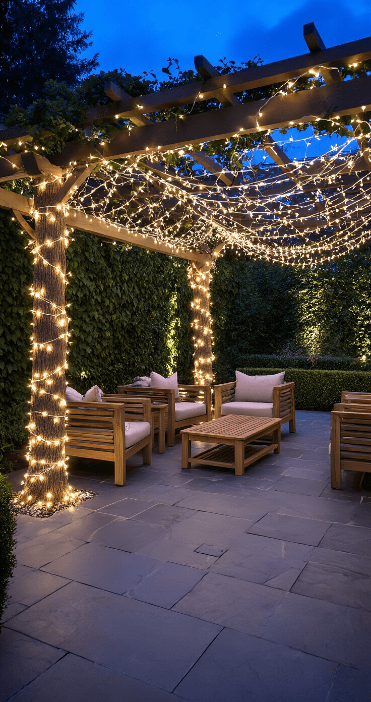 Outdoor patio scene with wrapped tree trunk fairy lights, slate stone flooring, weathered teak furniture, and a pergola adorned with warm white LED strands, set against a twilight sky and soft focus on lush garden elements.