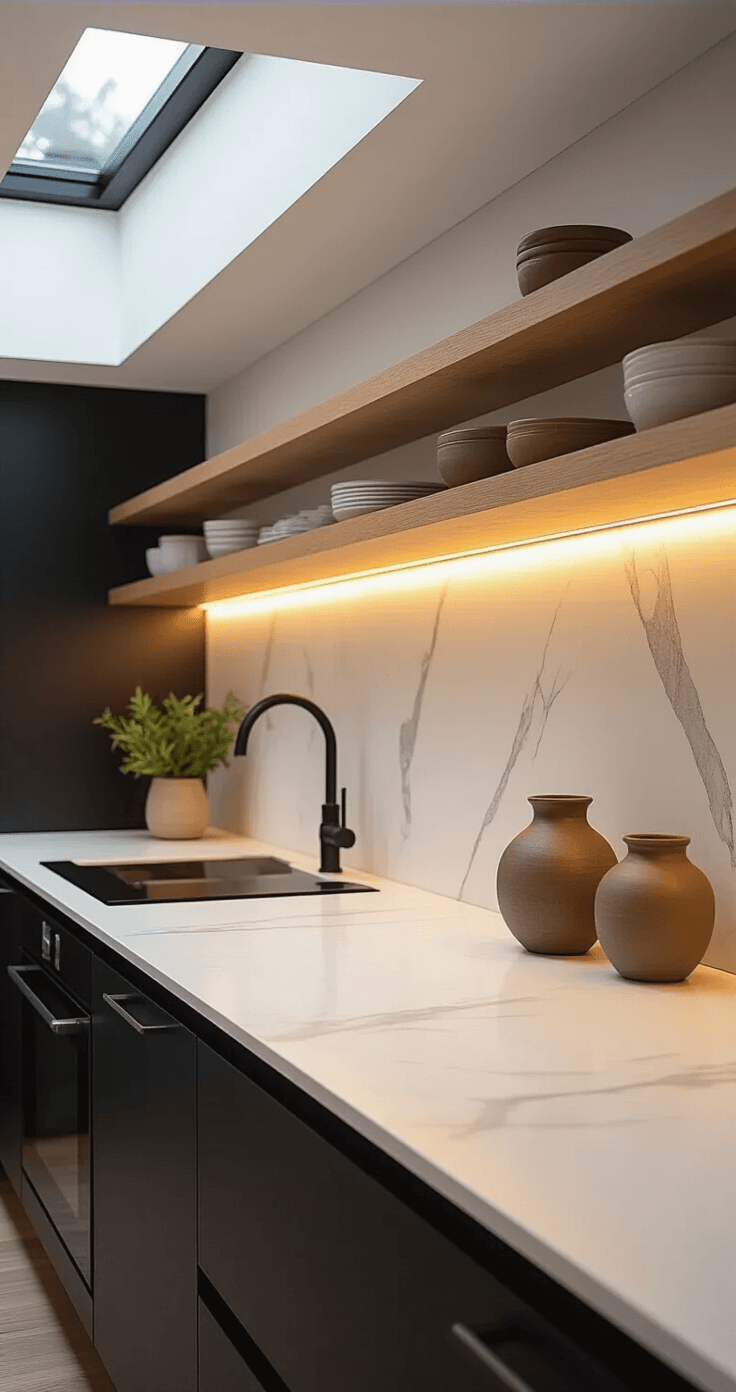 A minimalist kitchen featuring under-cabinet LED lighting that casts a warm ambient glow on sleek white marble countertops, complemented by matte black appliances, floating wooden shelves with ceramic vessels, and a skylight creating natural light diffusion.