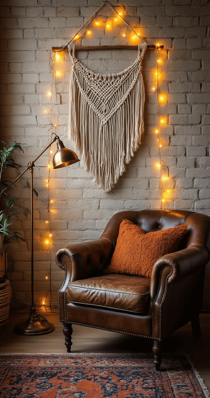 A cozy bohemian home office corner with a macramé wall hanging adorned with fairy lights, a vintage brass task lamp, and a distressed leather armchair, set against an exposed brick wall lit softly. The space features textured textiles in burnt orange and deep indigo, with warm tungsten lighting creating an intimate atmosphere, captured in macro lens to highlight intricate light refractions through the fibers.
