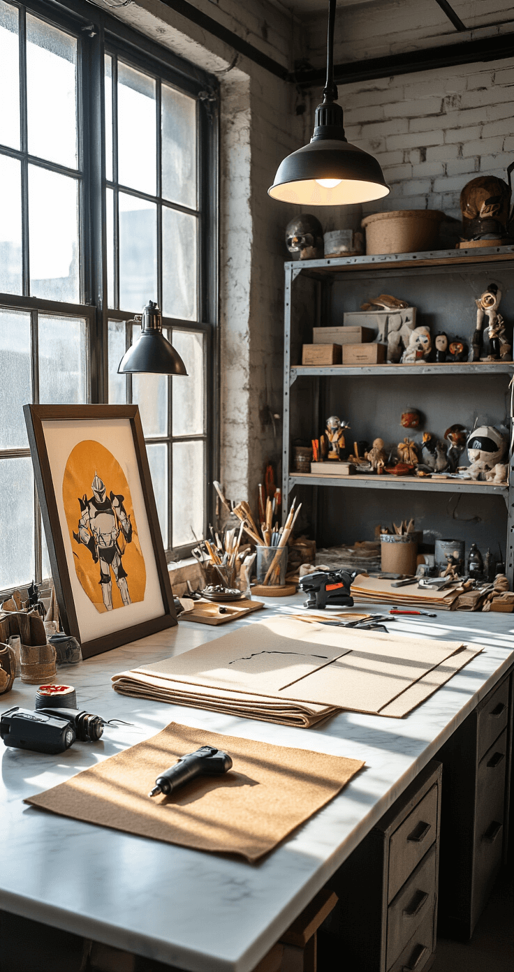 A well-organized craft room featuring an industrial-style workspace with a white marble countertop, multiple felt sheets and decorative papers scattered around, and a hot glue gun alongside precision cutting tools. Overhead task lighting casts dramatic shadows, while vintage metal shelving displays various cosplay props in the background. Large windows fill the space with natural light, captured from a 45-degree overhead angle to showcase the entire crafting process.