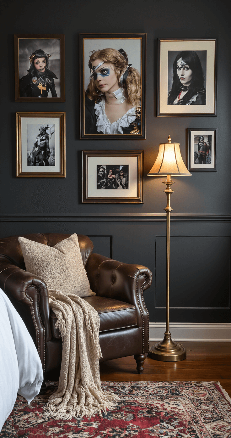 Intimate bedroom corner with deep charcoal gray wall displaying framed cosplay convention photographs, vintage brass floor lamp casting warm light, distressed leather armchair with a soft throw blanket, and hardwood floors featuring a vintage Persian rug fragment. Close-up of intricate frame details.