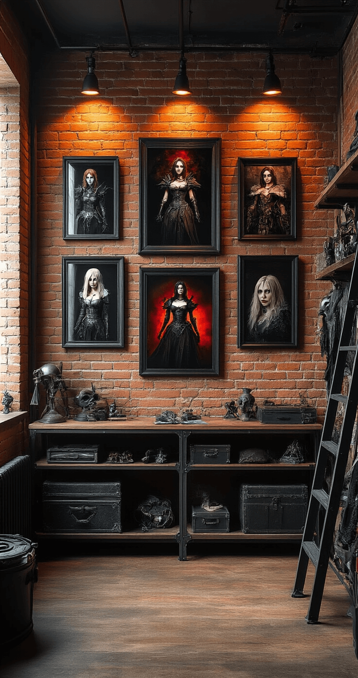 Moody home studio featuring a dramatic cosplay frame gallery wall against an exposed brick background in deep burnt sienna tones, highlighted by side lighting casting intense shadows. Vintage metal shelves display costume pieces and props, with a sliding ladder for accessing higher shelves, all captured from a low angle to enhance verticality.