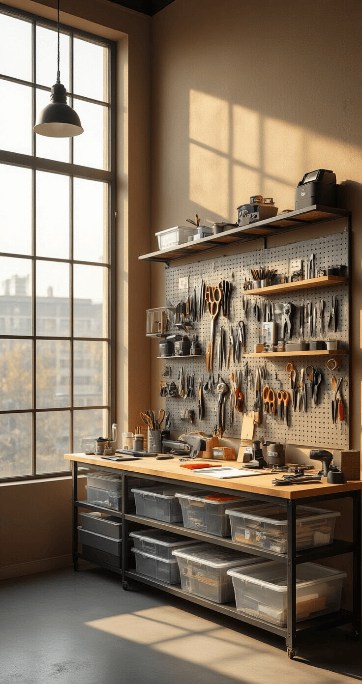 Ultra-detailed interior of a cosplay craft workshop showcasing a metal pegboard on a warm taupe wall, with meticulously organized tools hanging precisely. The scene is illuminated by golden afternoon light from a large industrial-style window, viewed from a wide-angle overhead perspective. Organized zones of fabric scissors, heat guns, and rotary cutters are displayed alongside clear storage containers, all set on a warm gray concrete floor. The minimalist aesthetic features slate gray, matte black tools, and crisp white labels, with a focus on textures and organizational precision in a hyper-realistic photography style.