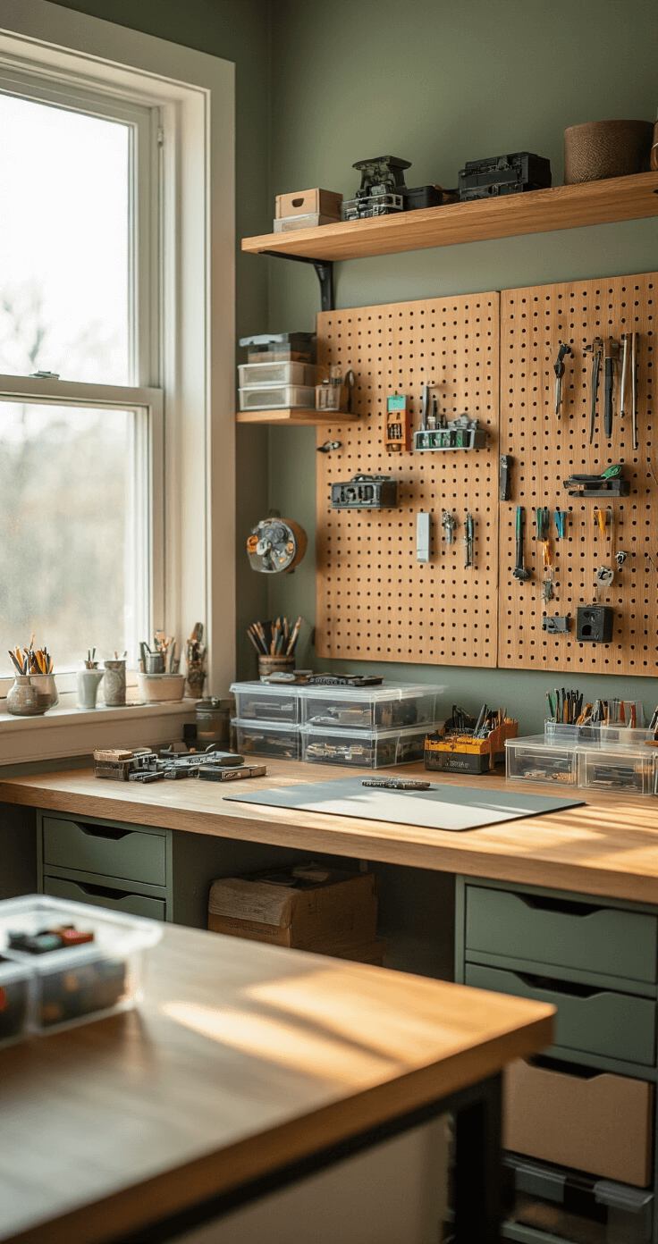 A creative workspace featuring a newly installed wooden pegboard, mid-century modern craft table, and organized cosplay tools on color-coded magnetic strips, with clear acrylic containers for small components, illuminated by soft morning light, showcasing a muted color palette of sage green and warm wood tones.