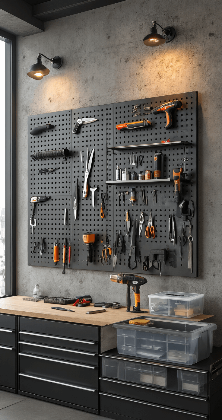 A compact urban craft studio corner with a sleek metal pegboard mounted on a textured concrete wall, featuring dramatic side lighting. The pegboard showcases a comprehensive collection of specialized cosplay tools including heat guns, precision knives, and fabric scissors, each on custom hooks. Small modular clear storage containers hold micro-components, all in a rich charcoal and steel gray color scheme, captured from a low angle to emphasize tool accessibility and design efficiency.