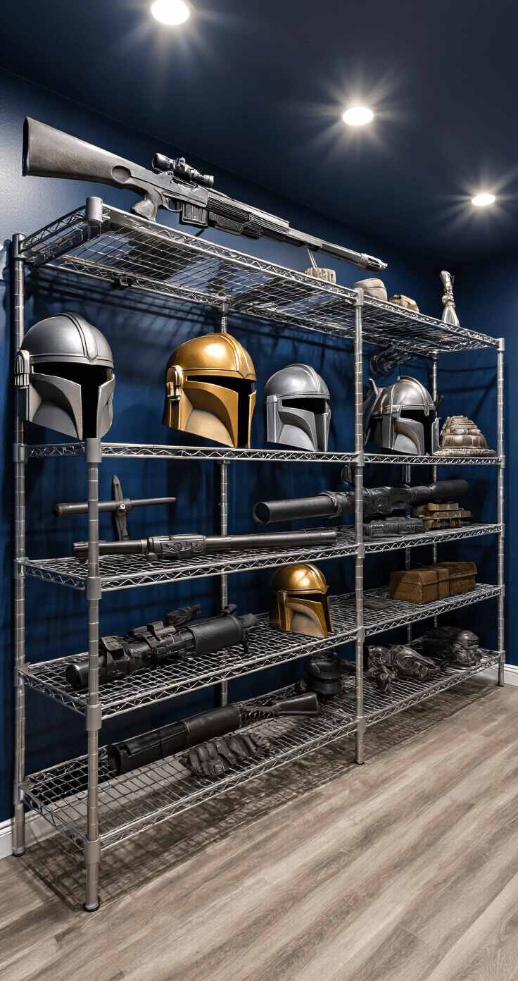 Dramatic home gaming room display featuring a sophisticated wire rack system on a deep navy blue accent wall, showcasing a vast collection of sci-fi and fantasy props under dramatic LED spotlighting, with meticulously arranged hero pieces and smaller accessories.