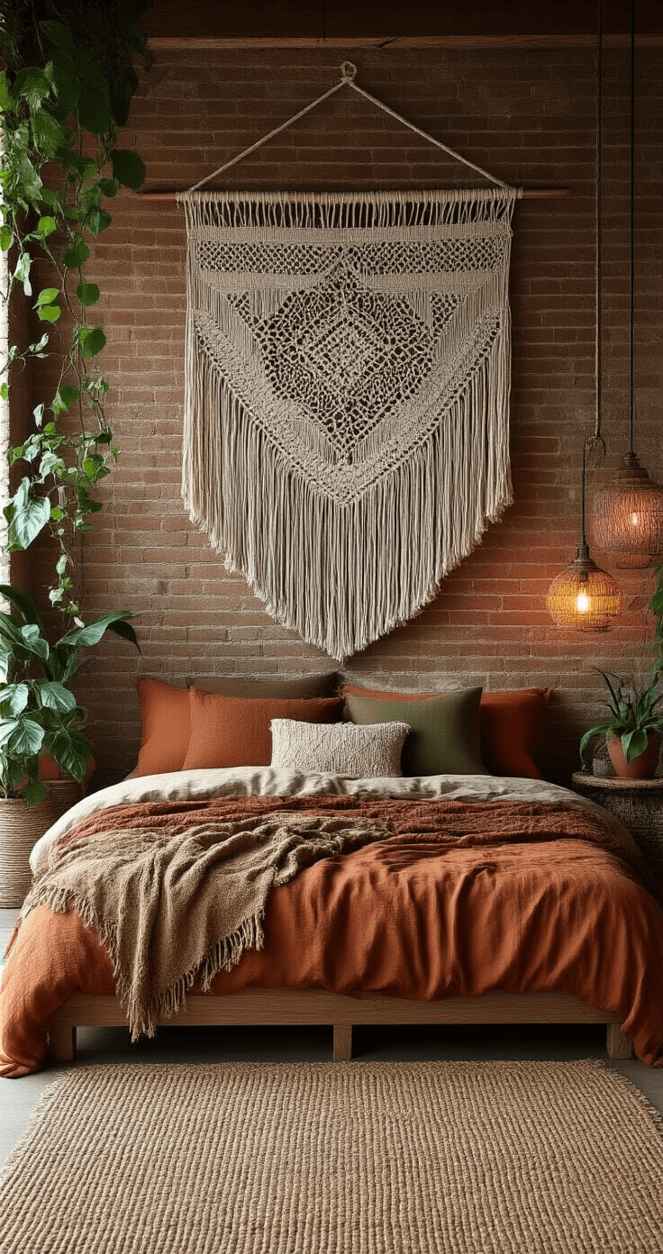 Moody bohemian bedroom with macramé wall hanging, platform bed in rust and olive bedding, exposed brick wall, vintage brass lamp, jute rug, and pothos plants, showcasing rich earthy colors and textured materials.