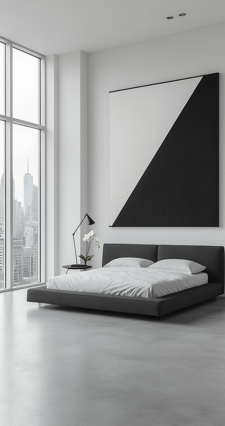 Minimalist contemporary bedroom featuring a 60-inch black and white abstract geometric canvas above a low-profile charcoal gray platform bed, with pure white walls and floor-to-ceiling windows showcasing an urban skyline. A sculptural black side table holds a single stem white orchid next to a brushed steel reading lamp, all set in a high-contrast lighting environment that emphasizes clean lines and negative space.