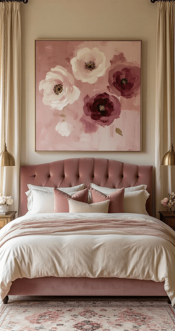 Romantic bedroom with a blush and burgundy abstract floral canvas over a velvet dusty rose headboard, soft golden hour lighting, sheer champagne curtains, vintage gold-frame mirror, layered cream and rose bedding, antique brass bedside lamps, and a vintage Persian rug, captured in soft-focus for an intimate and warm atmosphere.