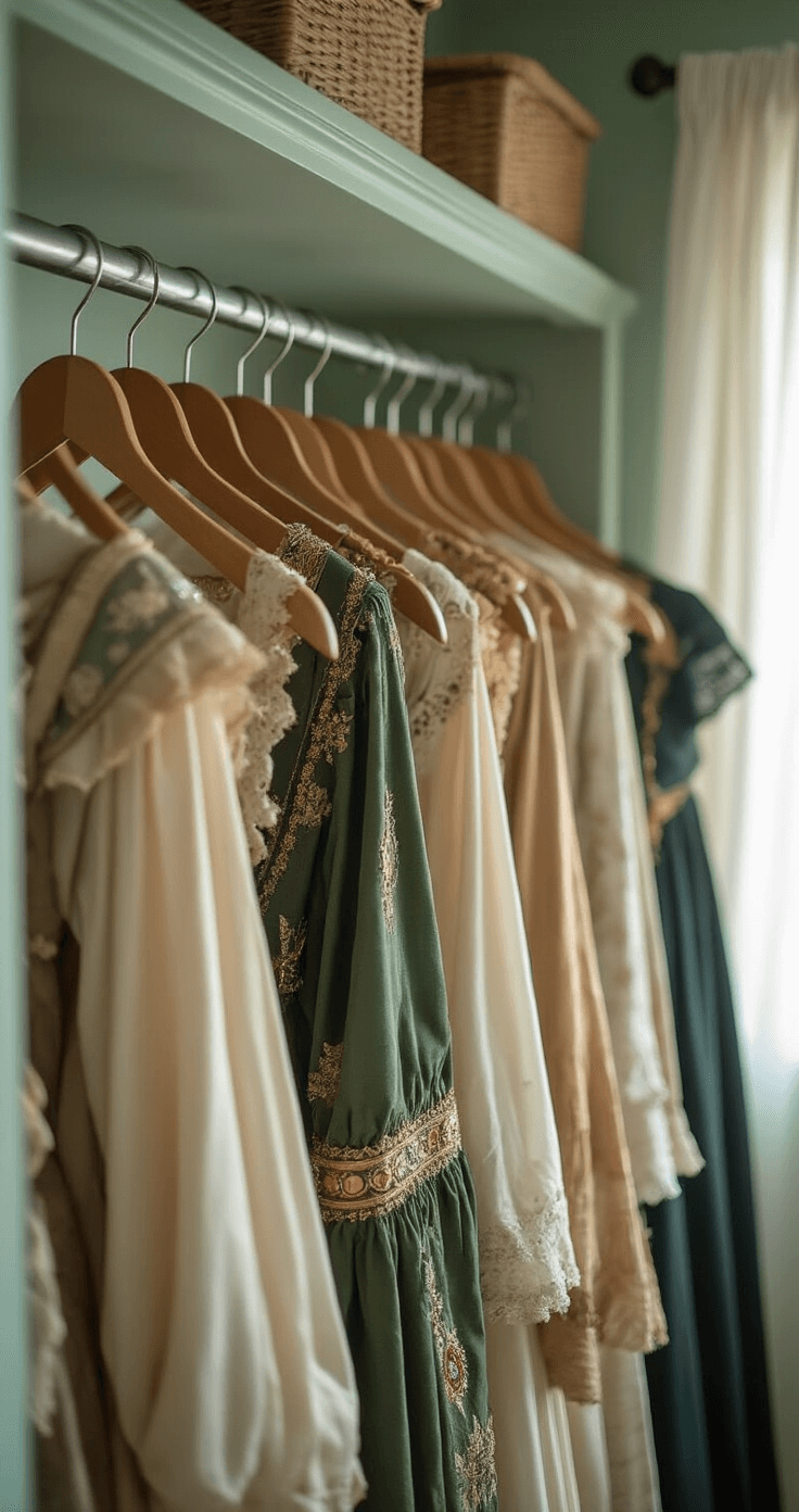 A close-up view of a meticulously arranged costume closet with custom wooden hangers adorned with metallic beads and hand-painted symbols, showcasing vintage Renaissance and sci-fi costumes against soft sage green walls, illuminated by morning sunlight filtering through sheer linen curtains.