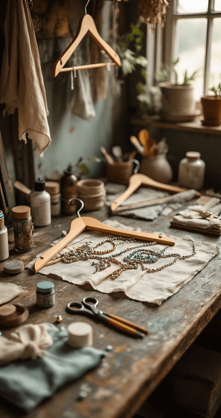 An intimate craft studio workspace in progress, featuring a distressed wooden workbench scattered with fabric strips, wooden hangers, acrylic paints, and decorative beads. Soft lighting highlights various partially completed hangers showcasing different colors and wrapping styles, alongside vintage scissors, glue sticks, and paintbrushes, all arranged to reflect an artisan's meticulous approach.