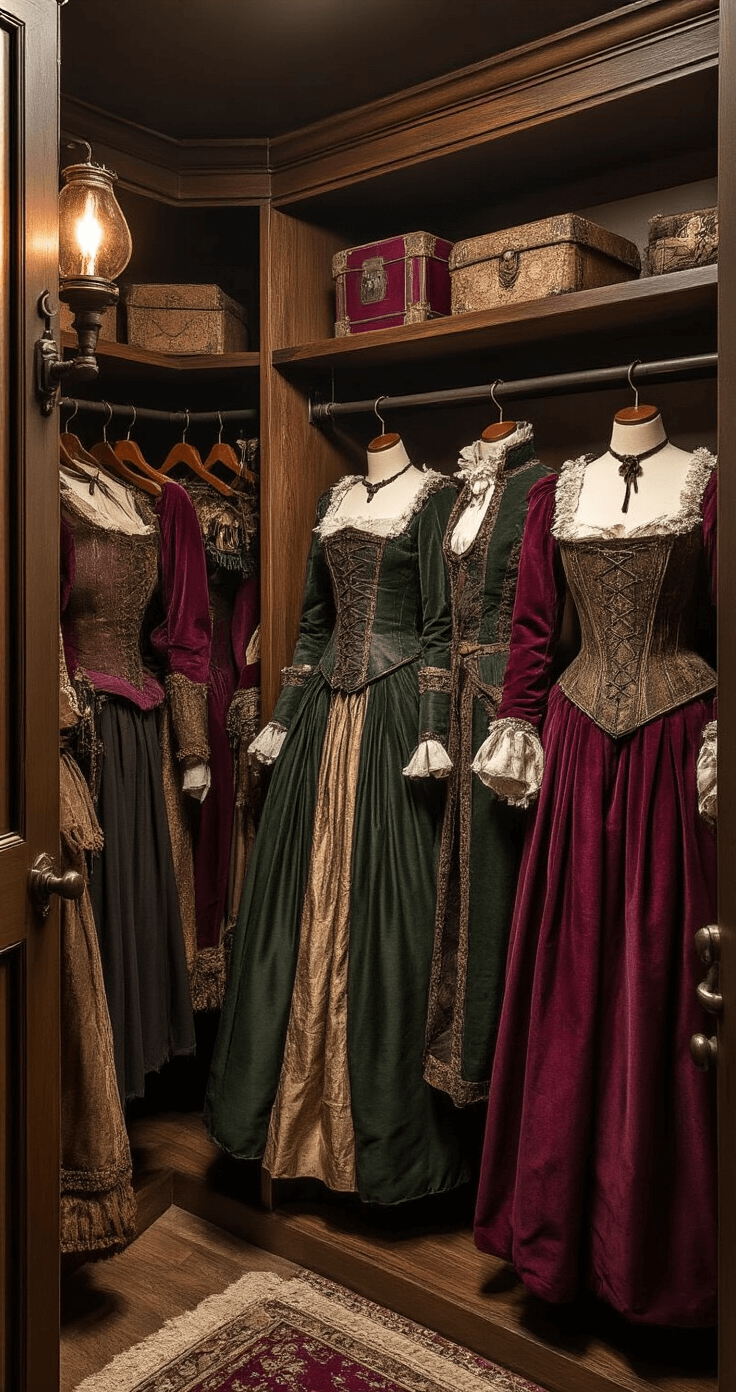 A luxurious costume closet showcasing Renaissance and steampunk outfits on wall-mounted cast iron hooks, adorned with jewel-toned padded hangers. Soft ambient lighting from vintage sconces casts dramatic shadows, enhancing the textures of the costumes. Accessories are elegantly displayed on lower hooks, with a muted color palette of burgundy and deep forest green.